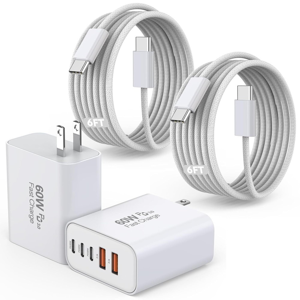 60W USB-C Fast Charger Block 2-Pack with 6FT Cable for iPhone 17/16