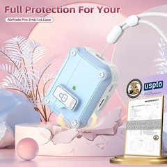 Sky Blue Case for AirPods Pro 2 with Cleaner Kit, Lanyard & Auto Pop-Up Lid