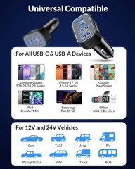 90W 4-Port USB-C Super Fast Car Charger for Samsung Galaxy S26/S25 + 3FT Cable
