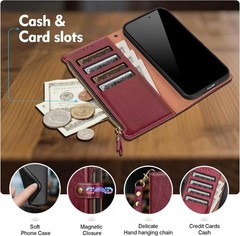 Wallet Case for Samsung Galaxy S24 Ultra 5G, RFID Blocking, Zipper, Wine Red