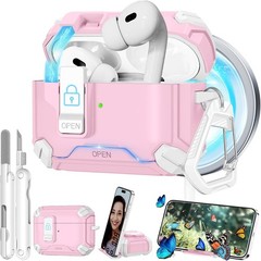 Shock Protective Pink Cover for AirPods Pro 2 with Phone Stand & Secure Lock