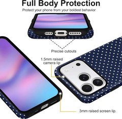 Navy Blue Polka Dot Case for iPhone 17 Pro, Glossy Hybrid 2-Layer Hard Shell