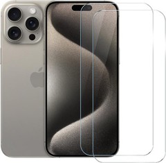Clear 9H Tempered Glass Screen Protector 2-Pack for iPhone 15 Pro Max, Case Frie