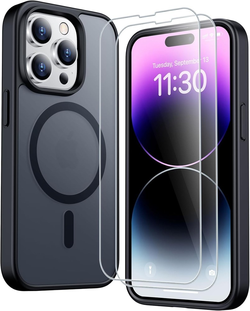 SPIDERCASE Black Matte Translucent Case for iPhone 14 Pro Max + 2 Tempered Glass