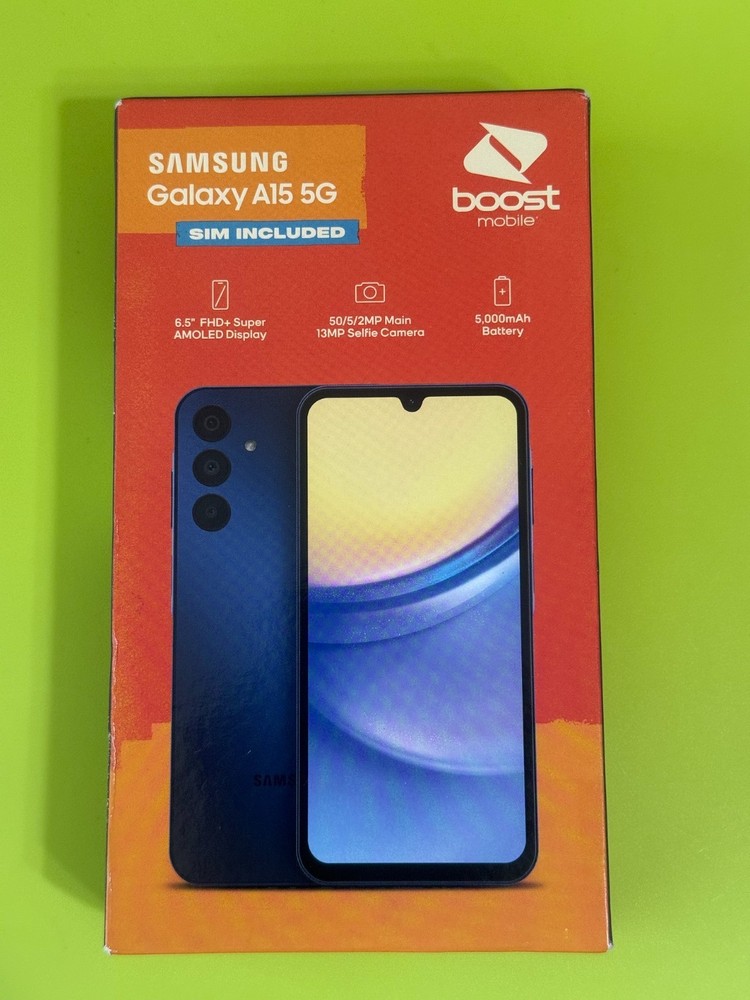 Boost Mobile Samsung A15 5G Pre-paid smartphone – 6.5&Prime; 128GB, New Sealed