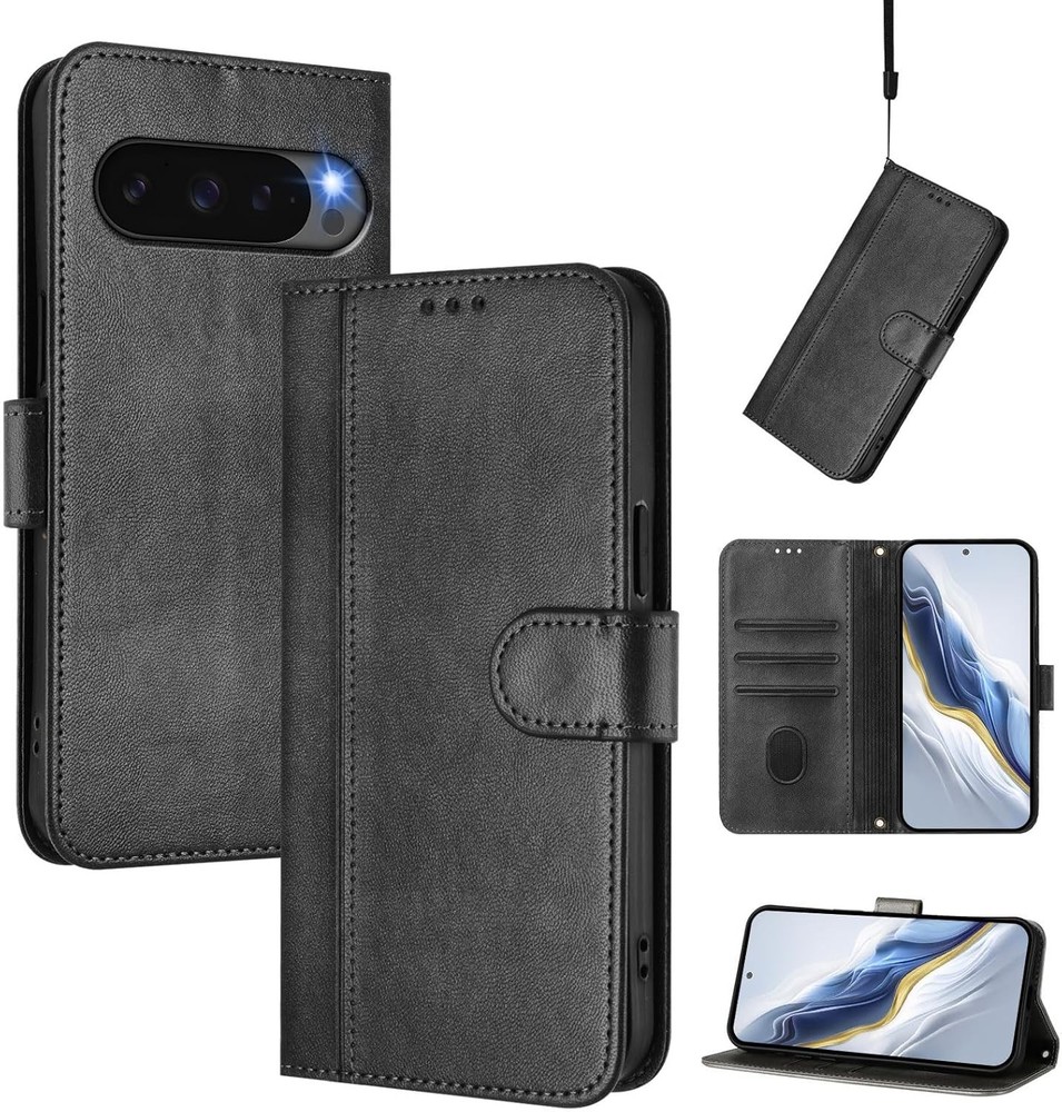 Google Pixel 10/Pixel 10 Pro Phone Case Wallet, Flip Leather TPU Cover, Black