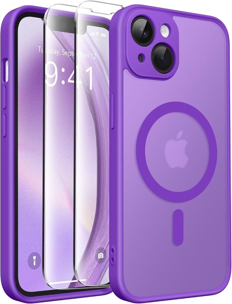 Slim Shockproof Magnetic Case for iPhone 14, Translucent Matte, Neon Purple, Mag