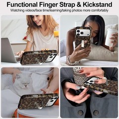 iPhone 17 Pro Max Case with Finger Strap Kickstand, Stylish Amber Leopard Cover