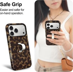 iPhone 17 Pro Max Case with Finger Strap Kickstand, Stylish Amber Leopard Cover