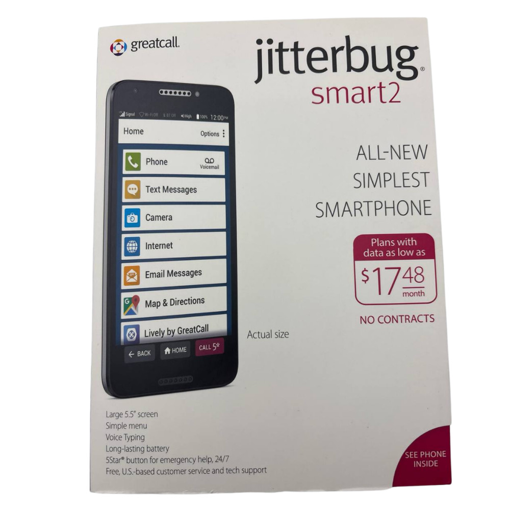 Jitterbug Smart2 Smartphone 16GB for Seniors GreatCall Locked 5.5 Display 13MP