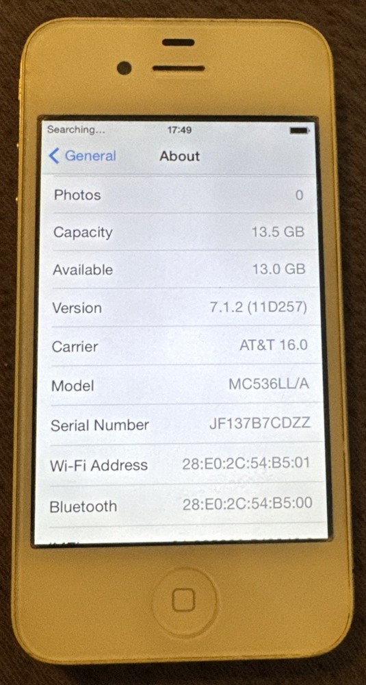 Apple iPhone 4 White (ATT) A1332 16GB GSM/CDMA Very Good Used IOS 7.1.2
