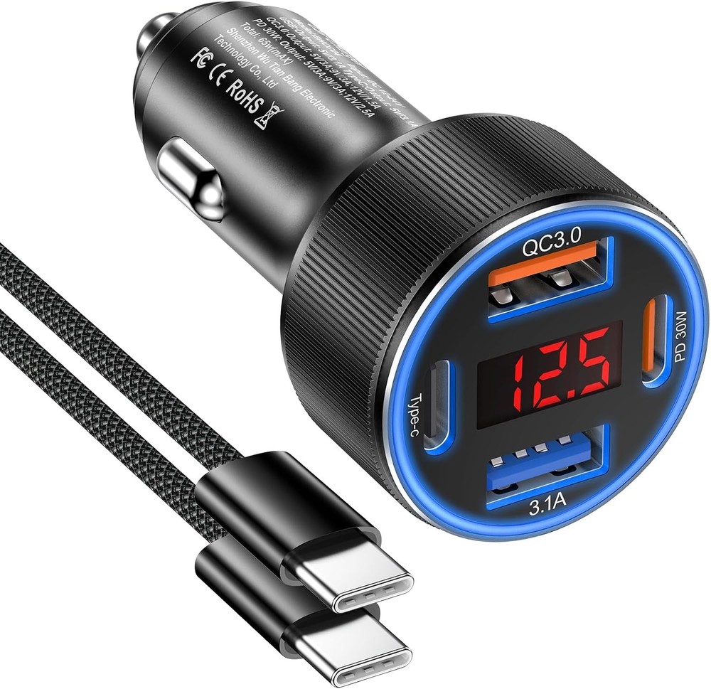 4-Port Fast Charger Adapter for iPhone 15 Pro Max, Galaxy S25, 6ft USB C Cable