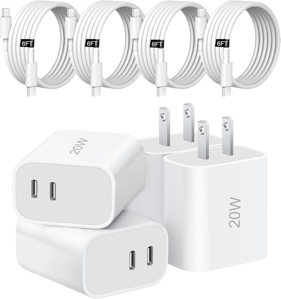 Type C Charger Fast Charging, 4 Pack Dual Port Wall Adapter with 6FT Cable