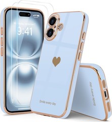 2PCS Case & Screen Protector for iPhone 17 Light Blue Cute Girly Love-Heart