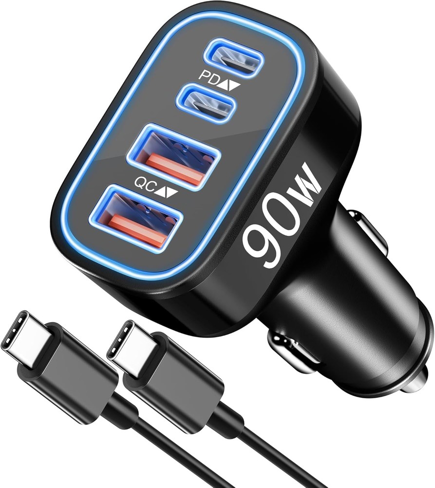 90W 4-Port USB-C Super Fast Car Charger for Samsung Galaxy S26/S25 + 3FT Cable