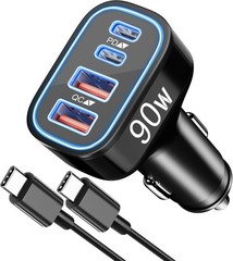 90W 4-Port USB-C Super Fast Car Charger for Samsung Galaxy S26/S25 + 3FT Cable