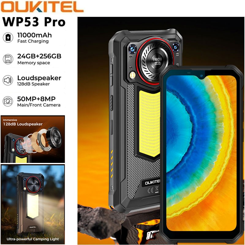 Unlock OUKITEL WP53 PRO 4G Rugged Phone Android 15 Mobile Outdoor Camping Light