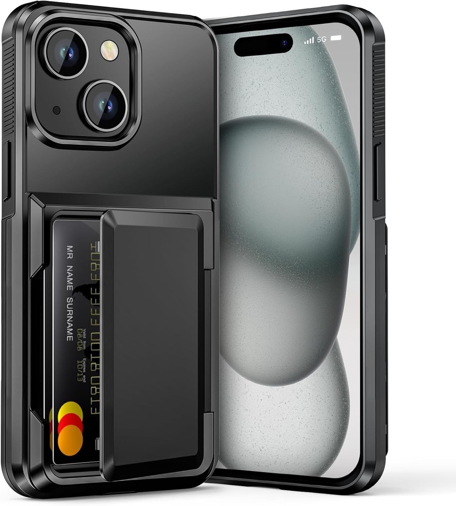 Heavy Duty Shockproof Wallet Case for iPhone 15 with Card Holder [Max 5 Cards]