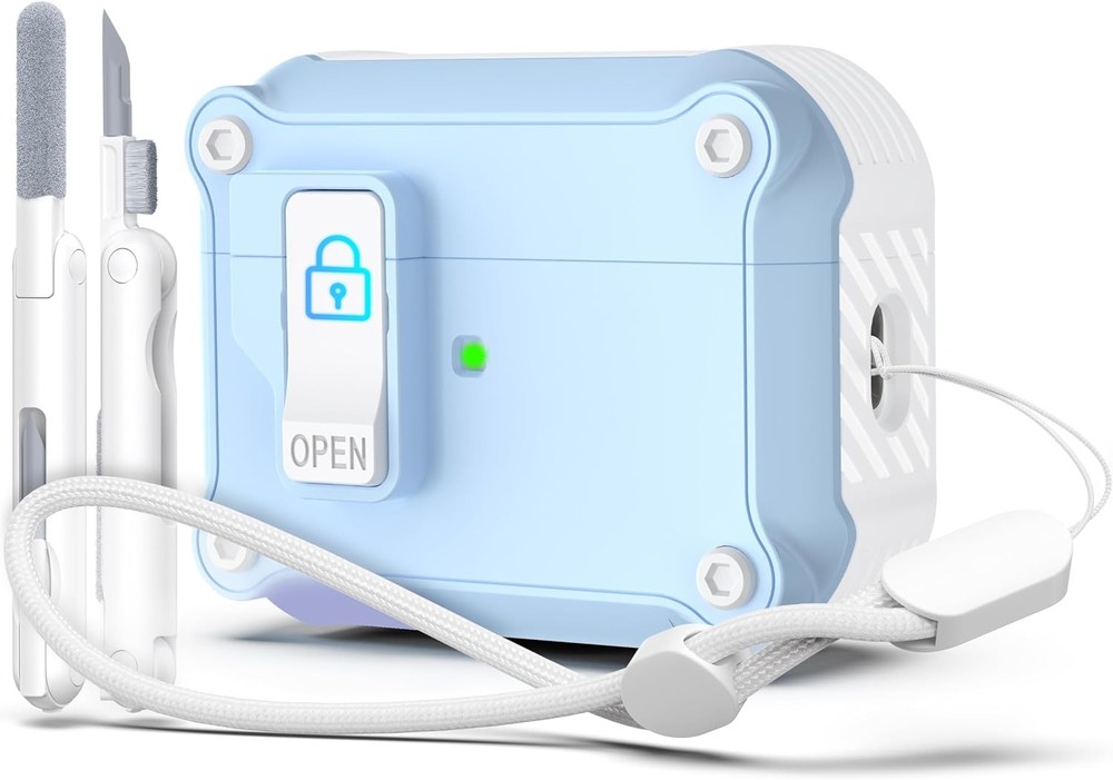 Sky Blue Case for AirPods Pro 2 with Cleaner Kit, Lanyard & Auto Pop-Up Lid