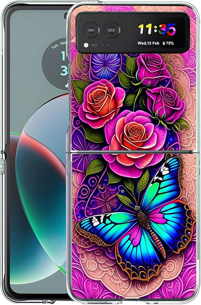 Case for Motorola Razr 2023, Blue Butterfly Flowers Rose Anti-Scratch Hard Cover