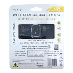 CIAO TECH Multi Port AC, USB & Type-C, 15A Rapid Charge Slim Charging Station