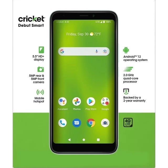 Cricket Wireless Debut Smart 32GB 3GB RAM 5.5&Prime; HD+ Display Android Phone Green