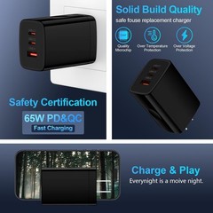 65W Super Fast Type C Charger 3-Port PD&QC Fast Charging Block Power Adapter