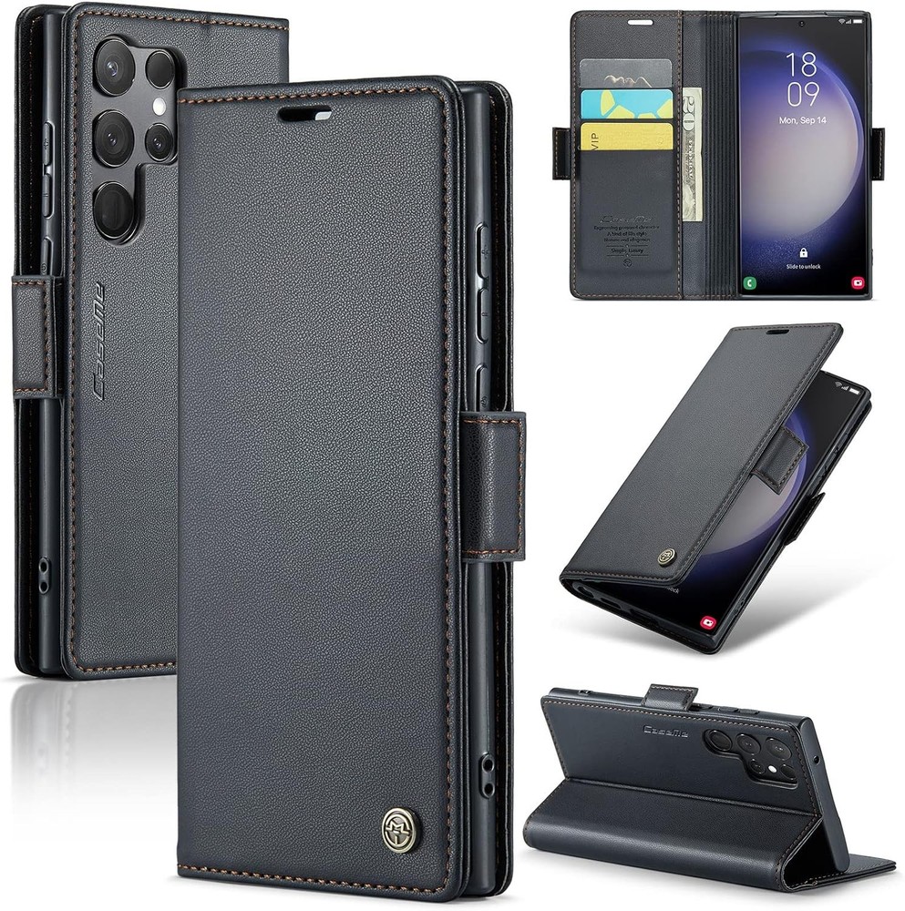 Wallet Case & Card Holder for Galaxy S23 Ultra Black RFID Blocking Leather Kicks