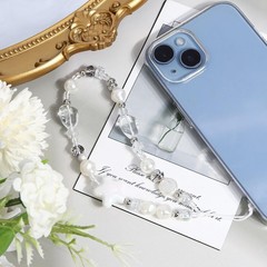 2pcs Beaded Camera Wrist Strap Cute White Phone Charm Pearl Bracelet Keychain De
