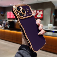Cute Dark Purple iPhone 14 Pro Max Case for Women, Girls, Wave Frame Curly Desig