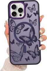 Magnetic for iPhone 15 Pro Max Case for Women, Dark Purple Butterfly Design Slim