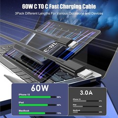 3-Pack Black [3.3FT+6.6FT+10FT] 60W USB C to USB C Cable, Type C Fast Charging