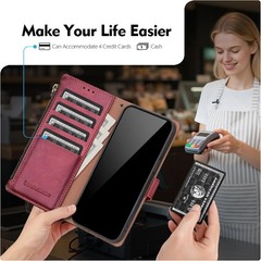 Wallet Case for Samsung Galaxy S24 Ultra 5G, RFID Blocking, Zipper, Wine Red