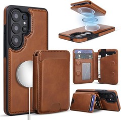 Brown Magnetic Wallet Case with Kickstand for Samsung Galaxy S26 Ultra, 2-in-1