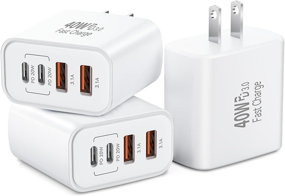 iPhone 17 USB C Fast Charger Block, 3-Pack 40W 4-Port Dual Port PD+QC Wall Charg