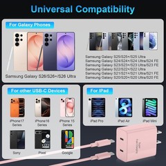 45W Dual USB-C Fast Charger Block for iPhone 17/16/15 with 6FT Cable