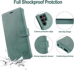 Wallet Case & Screen Protector & Camera Lens Protector for Galaxy S24 Ultra with