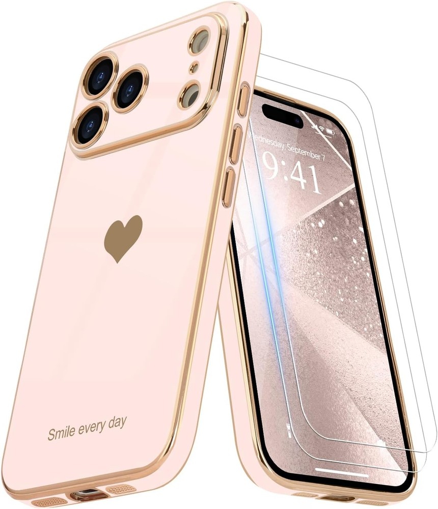 2PCS Case & Screen Protector for iPhone 17 Pro Light Pink Cute Girly Design