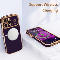 Cute Dark Purple iPhone 14 Pro Max Case for Women, Girls, Wave Frame Curly Desig