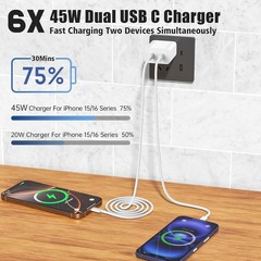 3 Pack 45W Dual Port USB-C Fast Charger Block for iPhone 15/17 3/6/10FT Cable