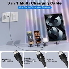 Multi Charging Cable, 3 in 1 Charging Cable for Multiple Devices, Nylon Braided