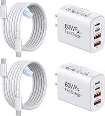 60W USB-C Fast Charging Block 2-Pack with 10FT Cable for iPhone 17 Pro Max/Air