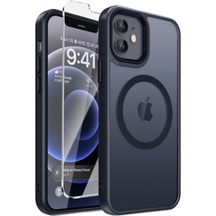 iPhone 12/12 Pro Case with Screen Protector, Shockproof Slim Matte Black Cover