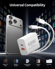 3 Pack 60W Dual Port USB-C Fast Charger Wall Charger for iPhone 17/16/15 10FT