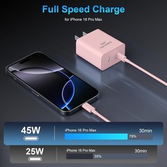 45W Dual USB-C Fast Charger Block for iPhone 17/16/15 with 6FT Cable