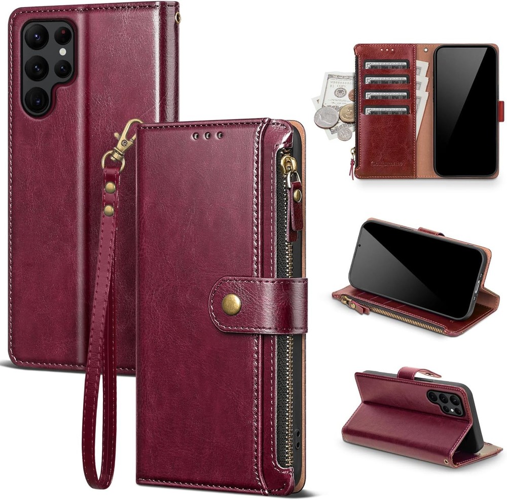 Wallet Case for Samsung Galaxy S24 Ultra 5G, RFID Blocking, Zipper, Wine Red