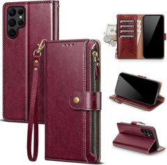 Wallet Case for Samsung Galaxy S24 Ultra 5G, RFID Blocking, Zipper, Wine Red