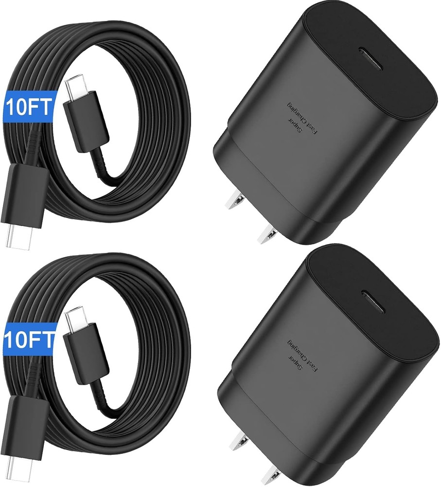 25W USB-C Fast Charger Adapter 2 Pack for Samsung Galaxy S26/S25 with 10 Ft Cabl