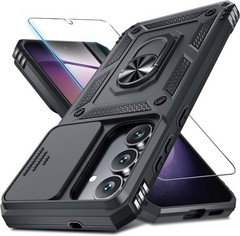 Heavy Duty Black Case for Samsung Galaxy S25 FE with Slide Camera Lens Cover & P