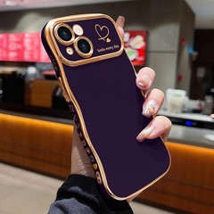 Cute Dark Purple iPhone 15 Plus Case for Girls, Curly Wave Frame with Heart Desi